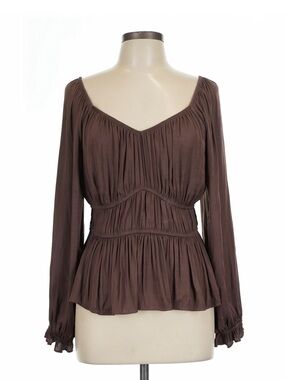 NINE WEST Brown Long-Sleeve Peplum Blouse -LARGE